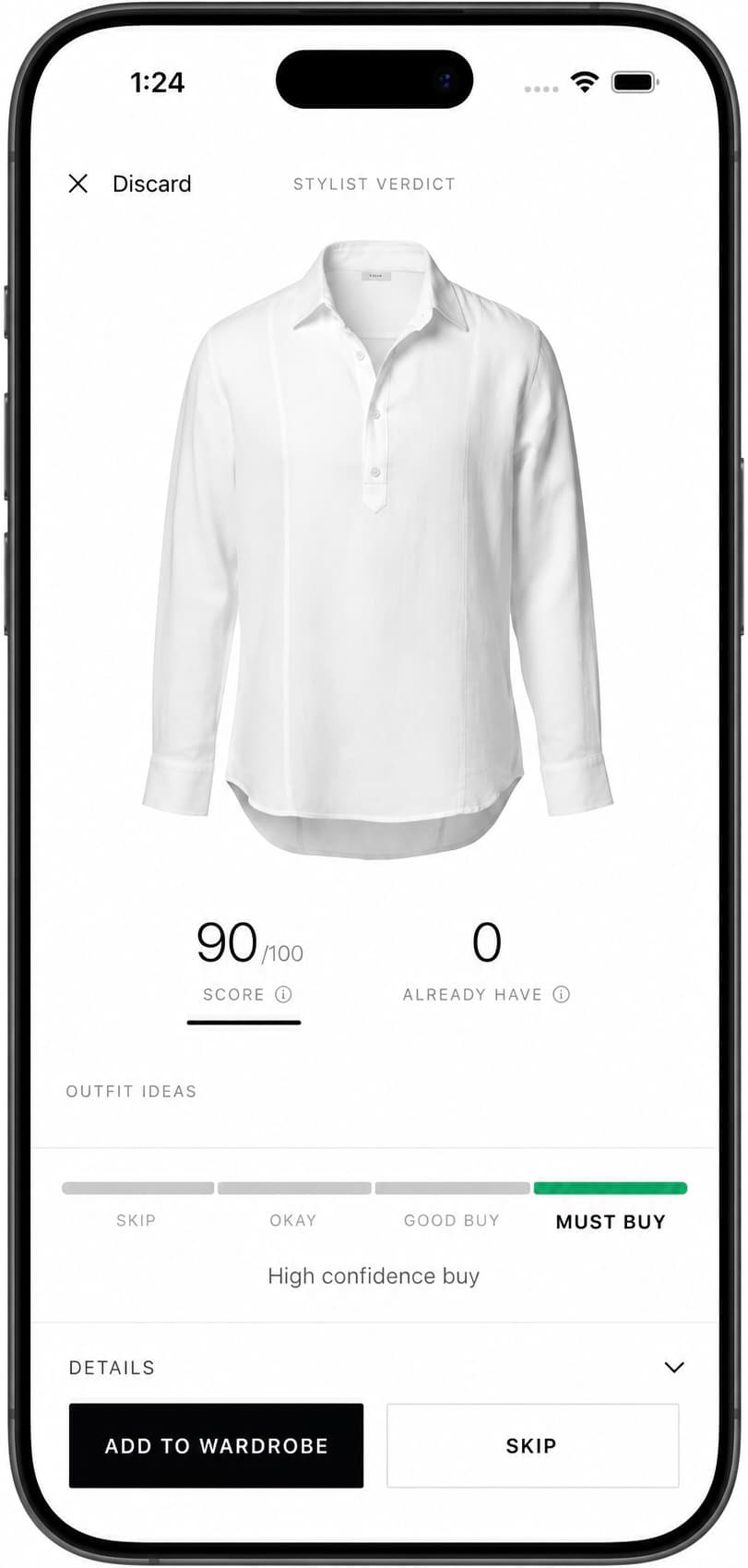 Duorin stylist verdict screen evaluating a single shirt with score and Must Buy recommendation